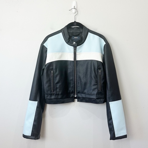 Anthropologie Maeve Cropped Colorblock Bike Jacket Black White Vegan Leather - Picture 5 of 11